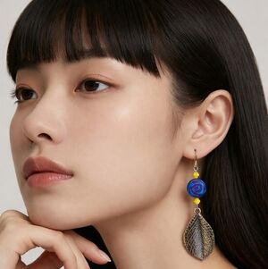 Leaf and Blue Rose Earrings